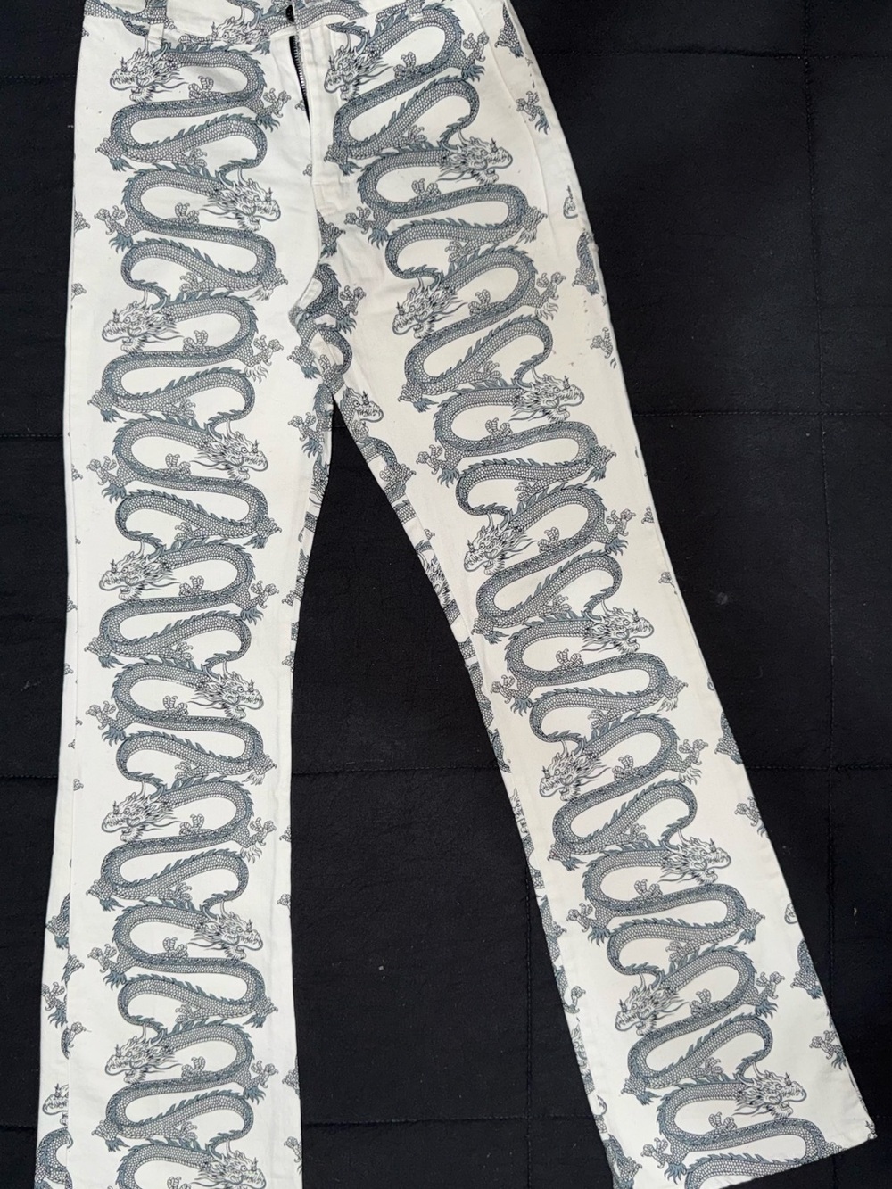 Motel Rocks White Pants with Gray Dragon Print - Flare